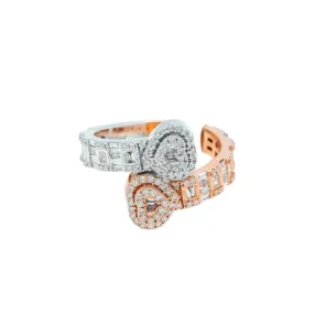10K GOLD TWO TONE BAGUETTE AND ROUND DIAMOND DOUBLE HEART RING 1.04 CT