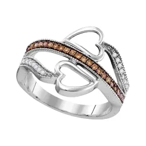 10kt White Gold Women's Round Cognac-brown Color Enhanced Diamond Heart Crossover Ring 1-5 Cttw - FREE Shipping (US/CAN)