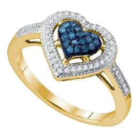 10kt Yellow Gold Women's Round Blue Color Enhanced Diamond Framed Heart Ring 1/4 Cttw - FREE Shipping (US/CAN)