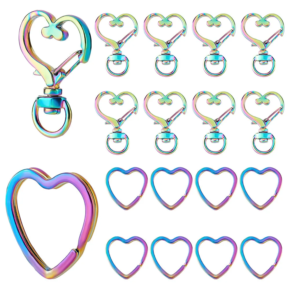 10Pcs Rainbow Color Plated Iron Split Key Rings, with 10Pcs Alloy Swivel Snap Hooks Clasps, Heart Pattern, Swivel Snap Hooks Clasps: 35x24mm, Key Rings: 31x30.5x3mm, Inner Diameter: 26x25mm