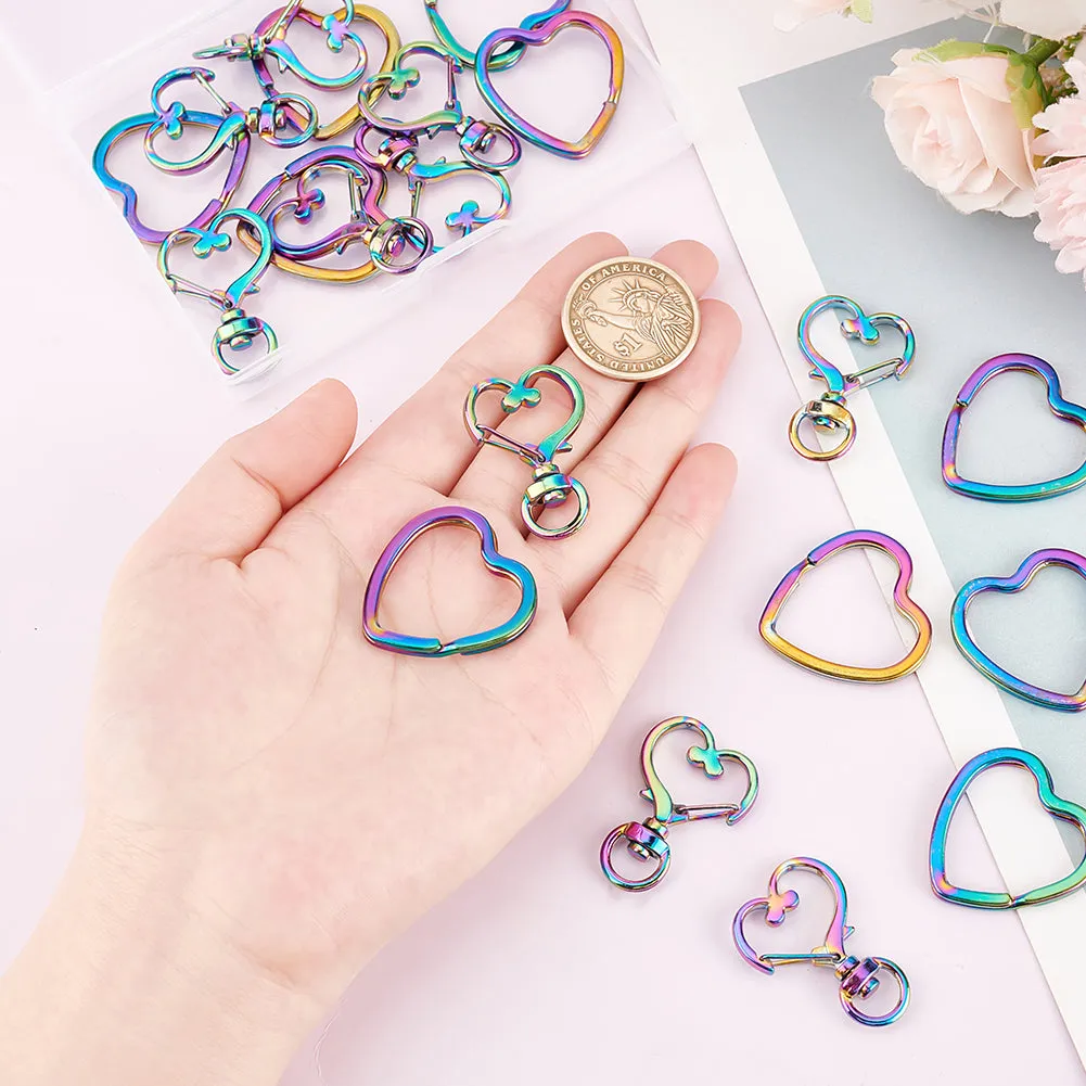 10Pcs Rainbow Color Plated Iron Split Key Rings, with 10Pcs Alloy Swivel Snap Hooks Clasps, Heart Pattern, Swivel Snap Hooks Clasps: 35x24mm, Key Rings: 31x30.5x3mm, Inner Diameter: 26x25mm