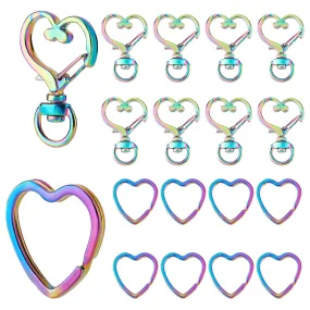 10Pcs Rainbow Color Plated Iron Split Key Rings, with 10Pcs Alloy Swivel Snap Hooks Clasps, Heart Pattern, Swivel Snap Hooks Clasps: 35x24mm, Key Rings: 31x30.5x3mm, Inner Diameter: 26x25mm