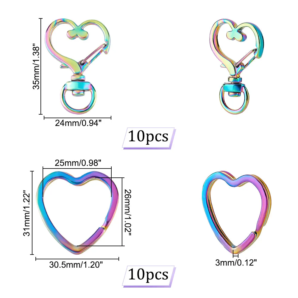 10Pcs Rainbow Color Plated Iron Split Key Rings, with 10Pcs Alloy Swivel Snap Hooks Clasps, Heart Pattern, Swivel Snap Hooks Clasps: 35x24mm, Key Rings: 31x30.5x3mm, Inner Diameter: 26x25mm