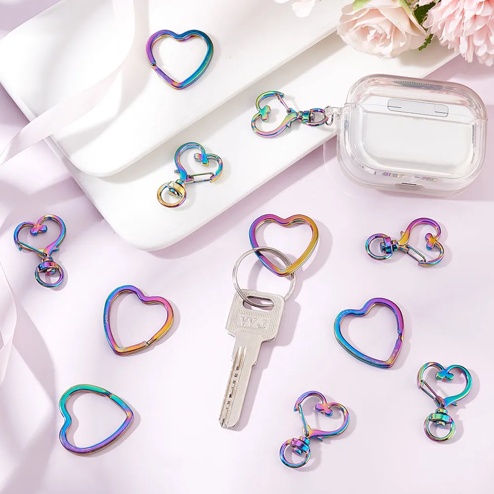 10Pcs Rainbow Color Plated Iron Split Key Rings, with 10Pcs Alloy Swivel Snap Hooks Clasps, Heart Pattern, Swivel Snap Hooks Clasps: 35x24mm, Key Rings: 31x30.5x3mm, Inner Diameter: 26x25mm