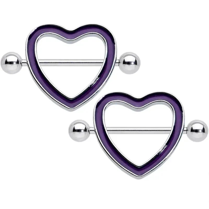 14G 5/8" Glow-in-the-Dark Purple Heart Valentine Nipple Shield Set