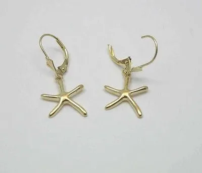 14K SOLID YELLOW GOLD HIGH POLISH SHINY HAWAIIAN STARFISH LEVERBACK EARRINGS