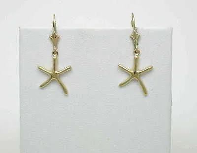 14K SOLID YELLOW GOLD HIGH POLISH SHINY HAWAIIAN STARFISH LEVERBACK EARRINGS