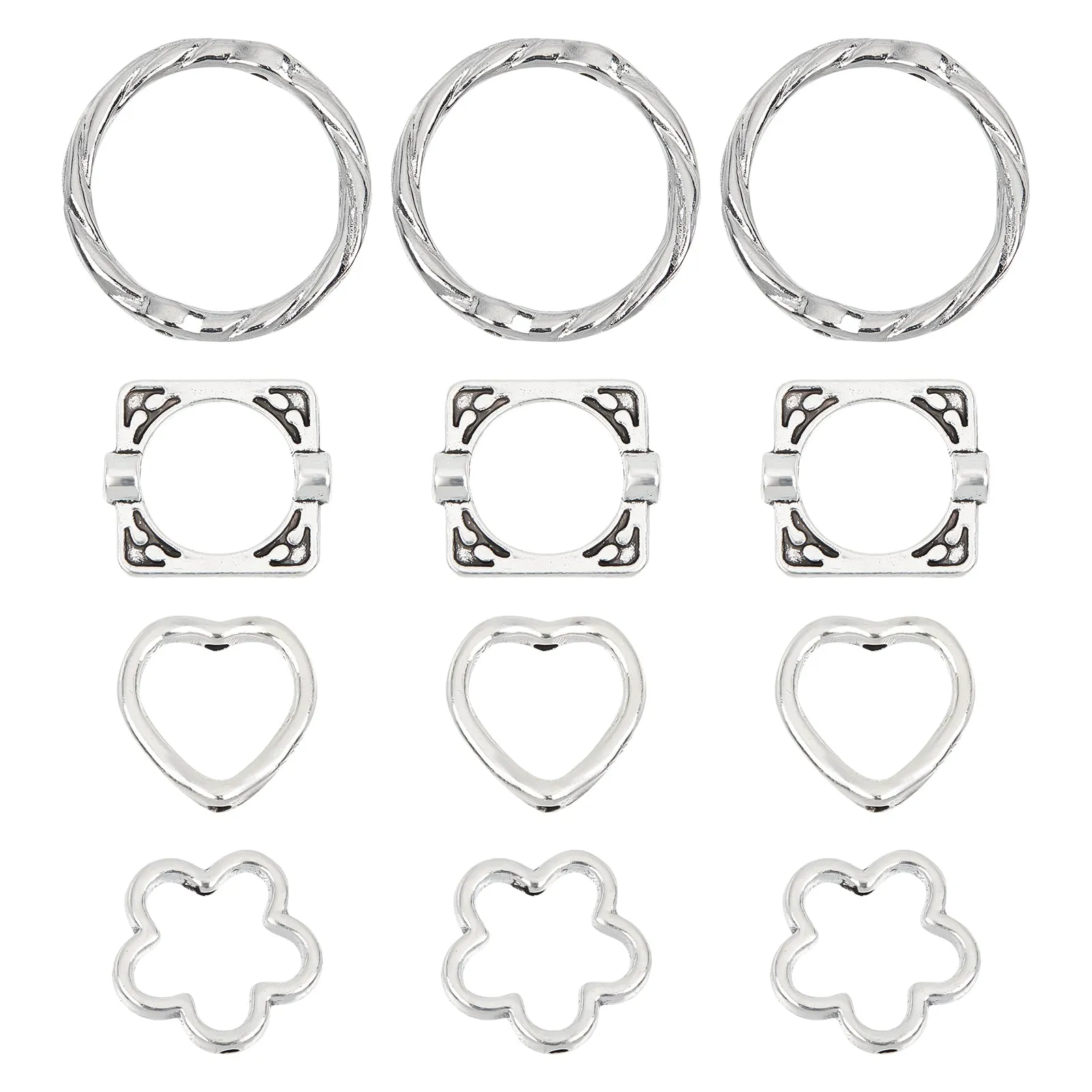 200Pcs 4 Style S Tibetan Style Alloy Bead Frames, Heart & Flower & Square & Rings, Mixed Color, 13.5~21x14~21x2~3mm, Hole: 1~1.5mm, 50pcs/style