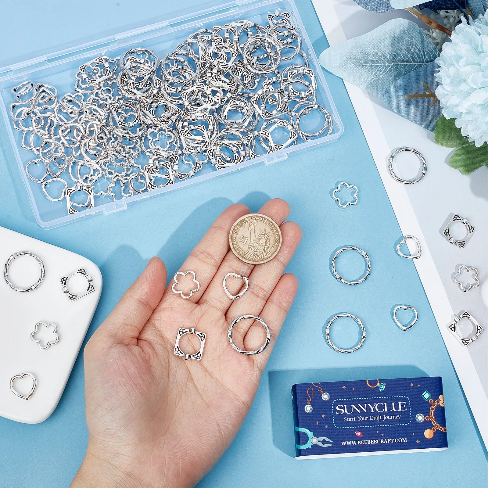 200Pcs 4 Style S Tibetan Style Alloy Bead Frames, Heart & Flower & Square & Rings, Mixed Color, 13.5~21x14~21x2~3mm, Hole: 1~1.5mm, 50pcs/style