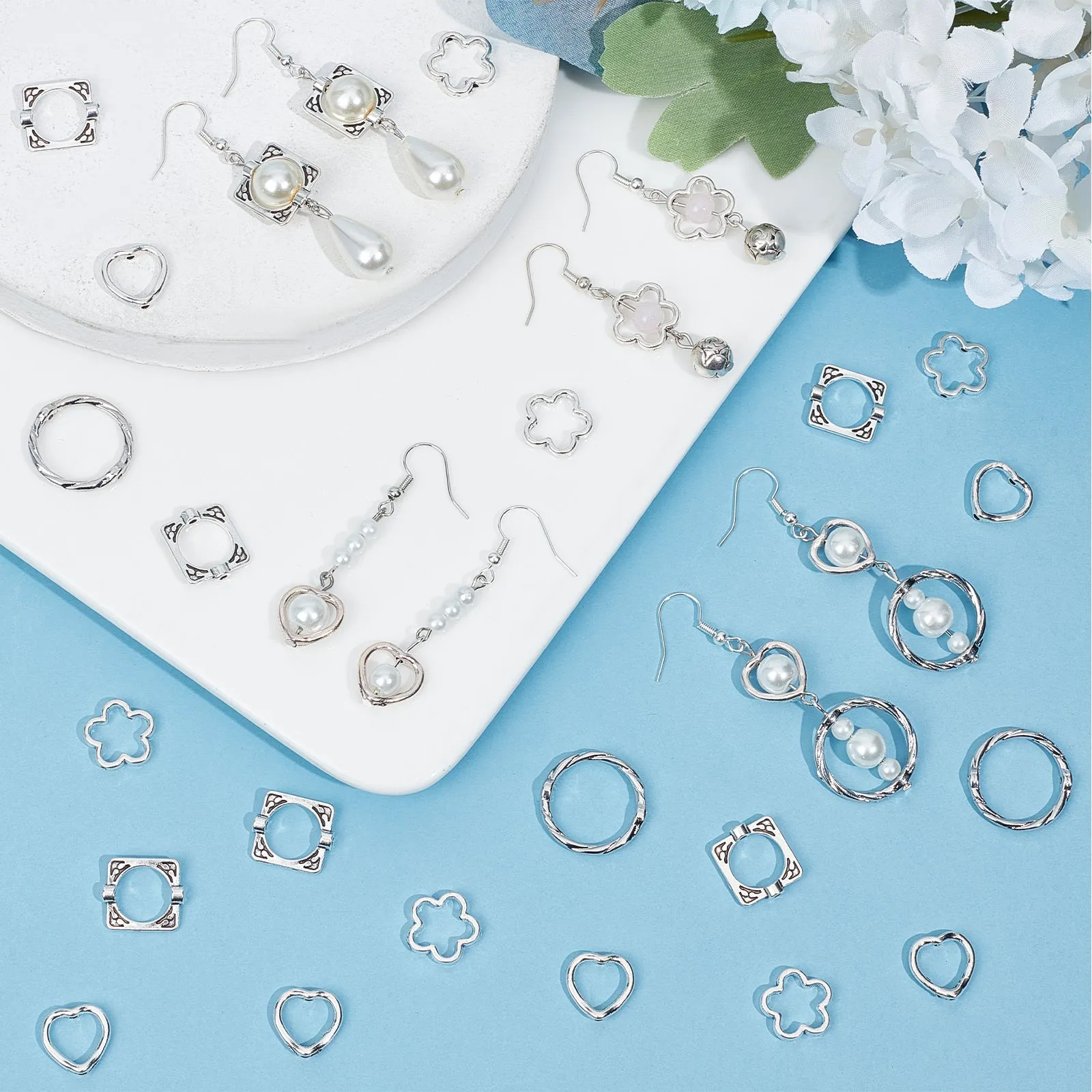 200Pcs 4 Style S Tibetan Style Alloy Bead Frames, Heart & Flower & Square & Rings, Mixed Color, 13.5~21x14~21x2~3mm, Hole: 1~1.5mm, 50pcs/style