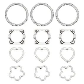 200Pcs 4 Style S Tibetan Style Alloy Bead Frames, Heart & Flower & Square & Rings, Mixed Color, 13.5~21x14~21x2~3mm, Hole: 1~1.5mm, 50pcs/style