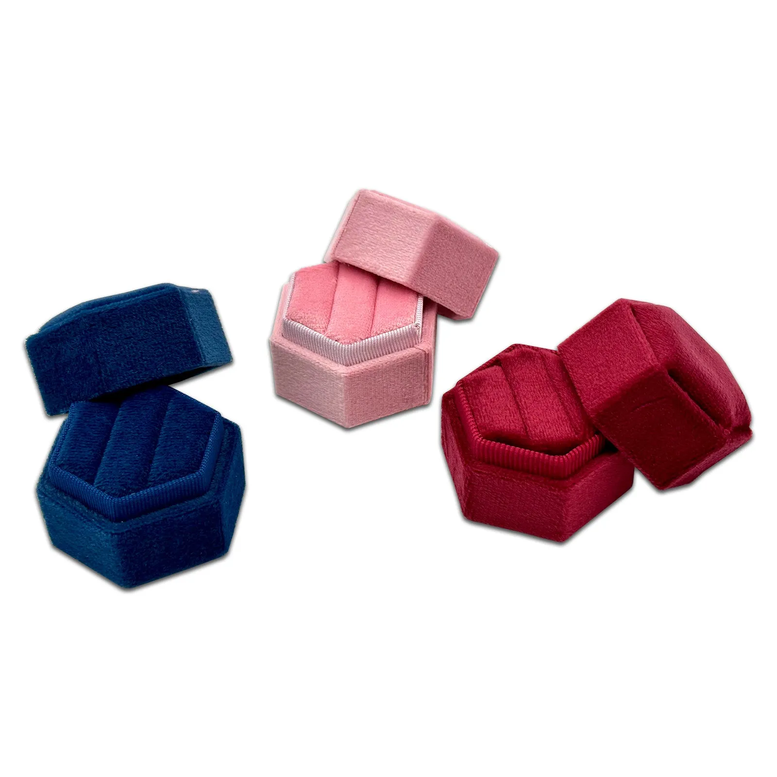 2" x 1.75" Pink Velvet Hexagon Double Ring Box