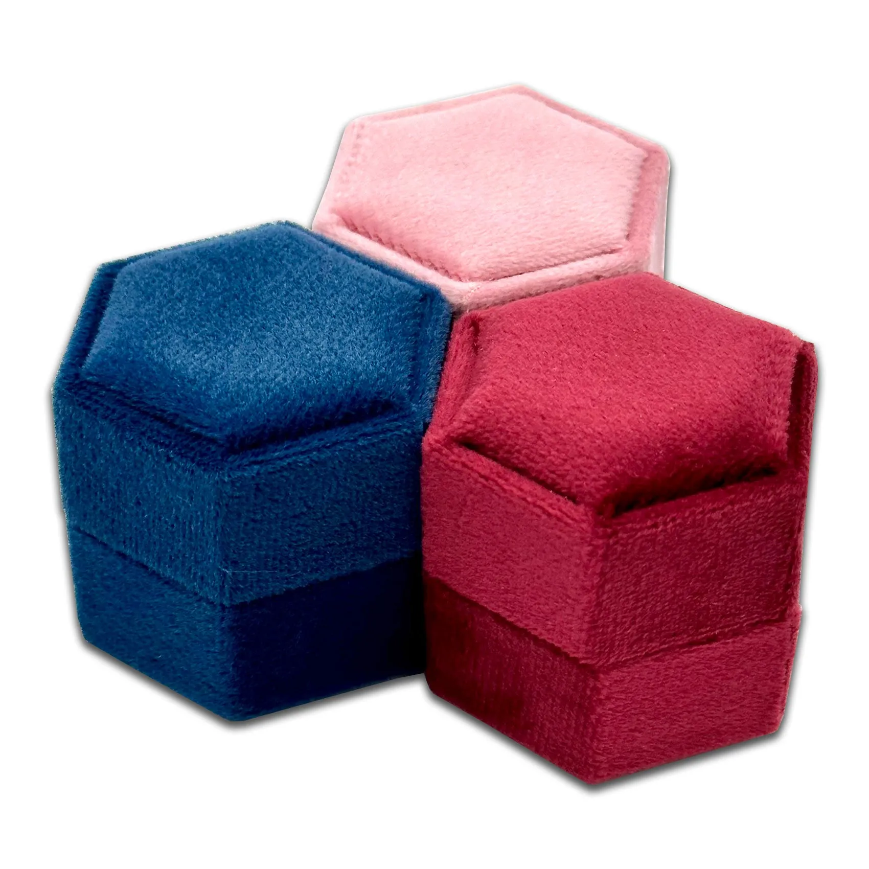 2" x 1.75" Pink Velvet Hexagon Double Ring Box
