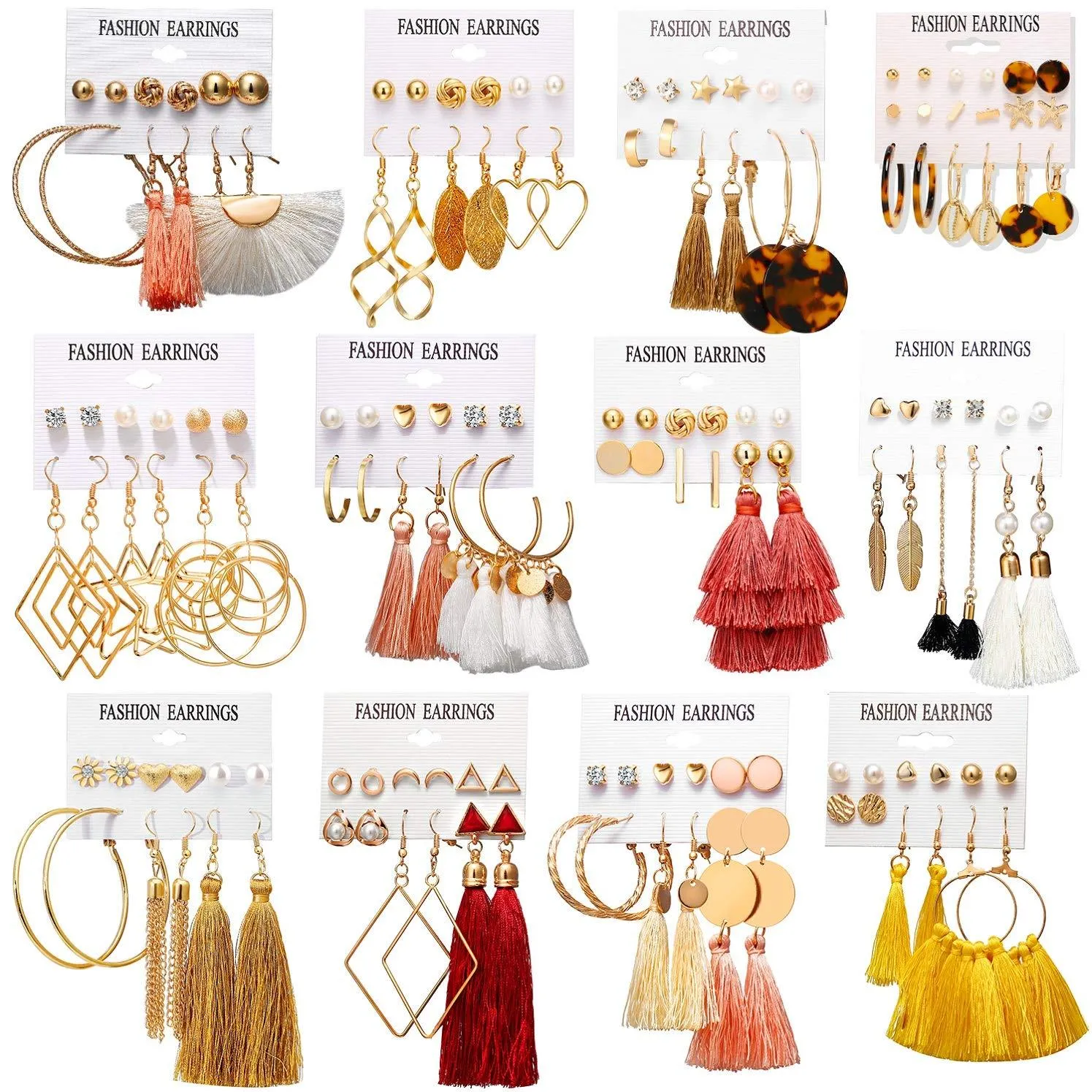 60/75 Pairs Fashion Colorful Earrings Set with Bohemian Tassel Earrings Layered Ball Dangle Leopard Hoop Stud Jacket Earrings for Women Girls Jewelry Fashion and Valentine Birthday Party Gift. 75pairs