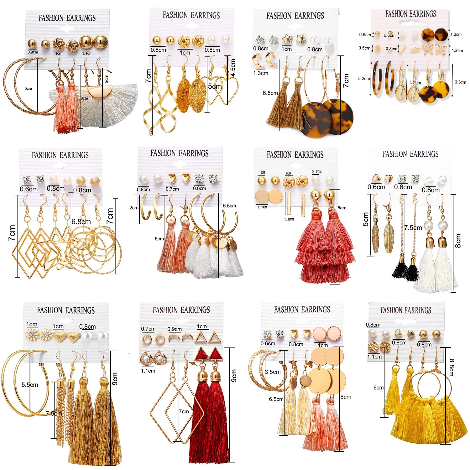 60/75 Pairs Fashion Colorful Earrings Set with Bohemian Tassel Earrings Layered Ball Dangle Leopard Hoop Stud Jacket Earrings for Women Girls Jewelry Fashion and Valentine Birthday Party Gift. 75pairs