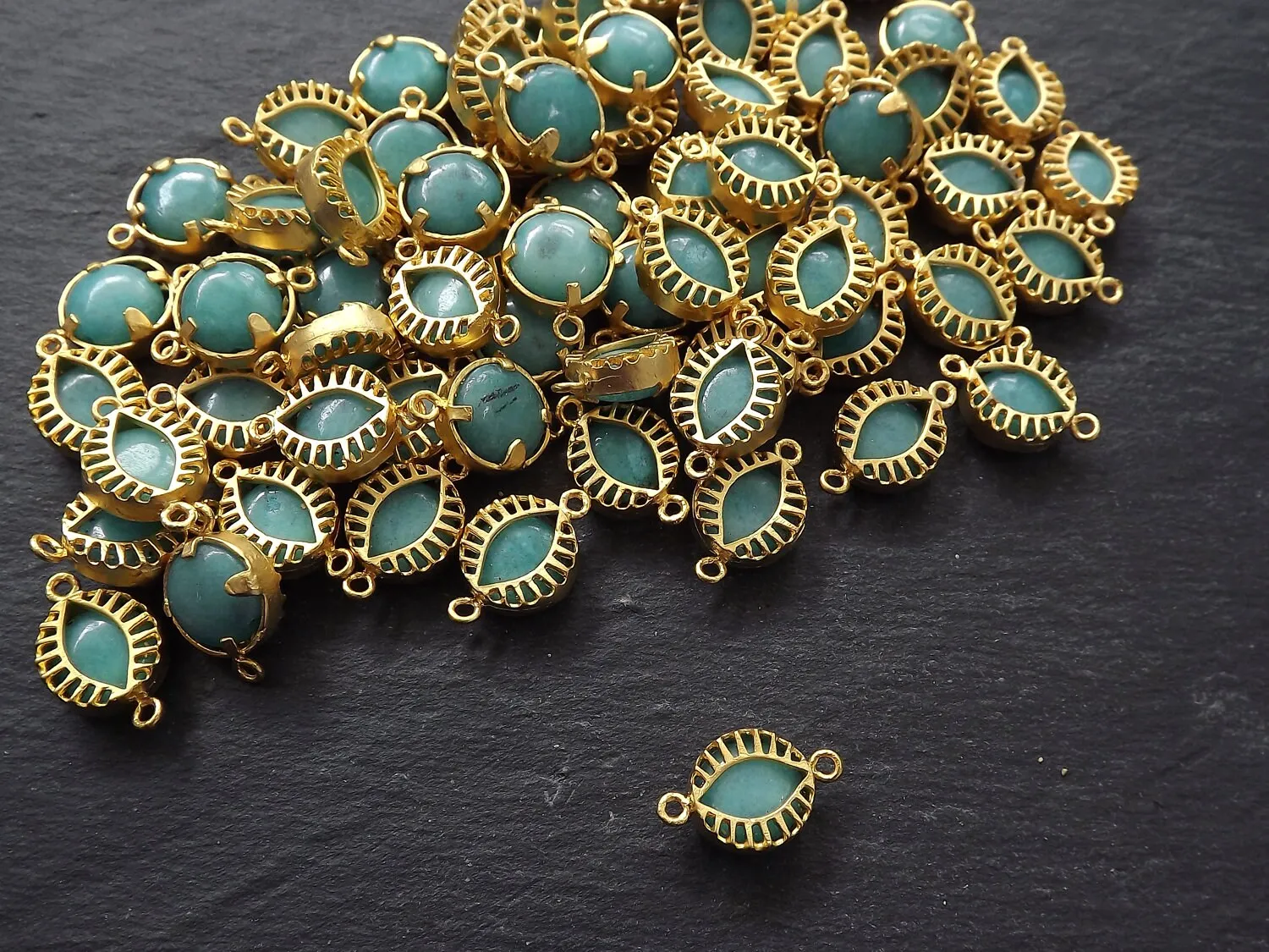 Aqua Evil Eye Charm, Evil Eye Connector, Jade Stone, Caged, Lucky, Protective, Turkish Eye, Light Aqua, Horizontal, 22k Matte Gold Plated