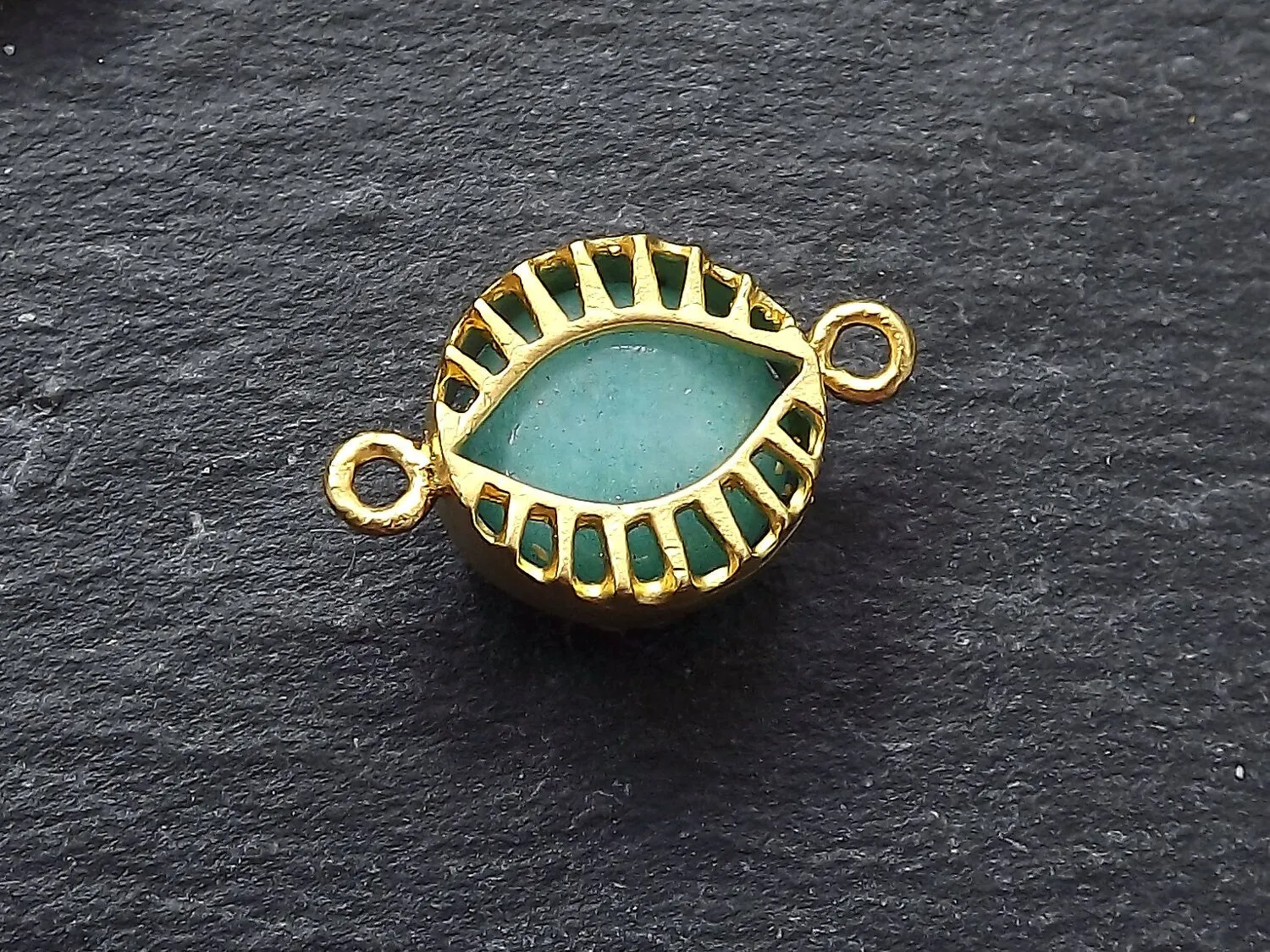 Aqua Evil Eye Charm, Evil Eye Connector, Jade Stone, Caged, Lucky, Protective, Turkish Eye, Light Aqua, Horizontal, 22k Matte Gold Plated