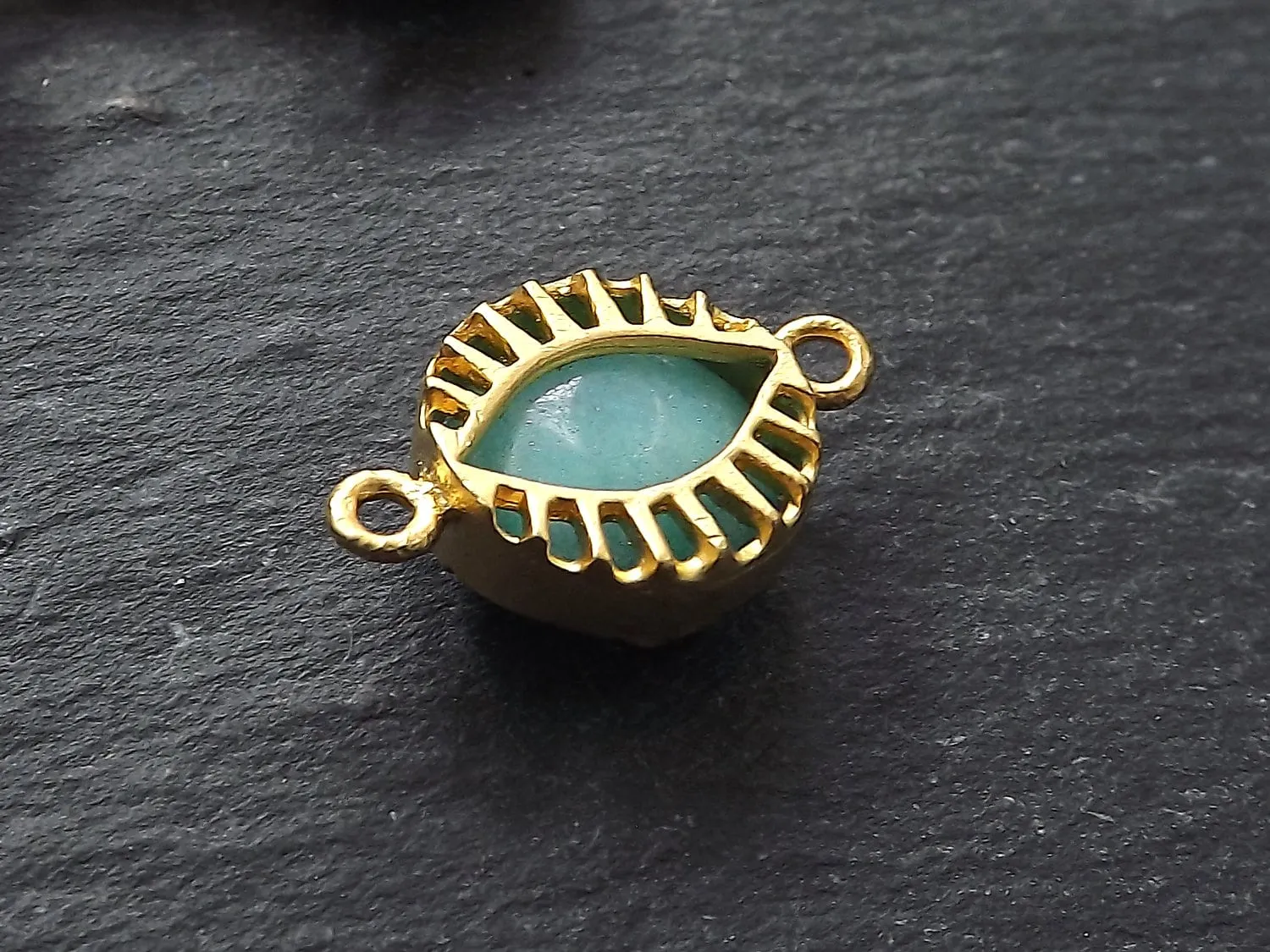 Aqua Evil Eye Charm, Evil Eye Connector, Jade Stone, Caged, Lucky, Protective, Turkish Eye, Light Aqua, Horizontal, 22k Matte Gold Plated