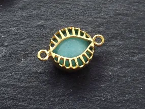 Aqua Evil Eye Charm, Evil Eye Connector, Jade Stone, Caged, Lucky, Protective, Turkish Eye, Light Aqua, Horizontal, 22k Matte Gold Plated
