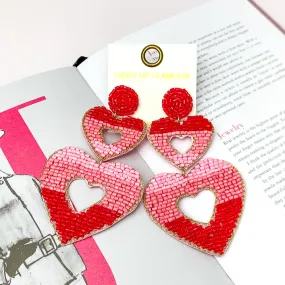 Beaded Two Tier Open Heart Earrings in Red and Pink
