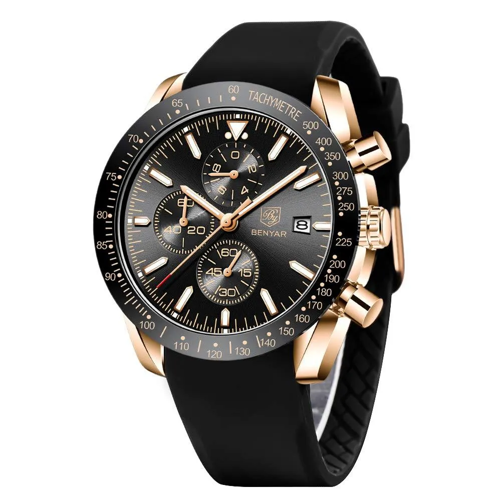 BENYAR - Stylish Wrist Watch for Men, Genuine Silicone Strap Watches, Perfect Quartz Movement, Waterproof and Scratch Resistant, Analog Chronograph Quartz Business Watches Black