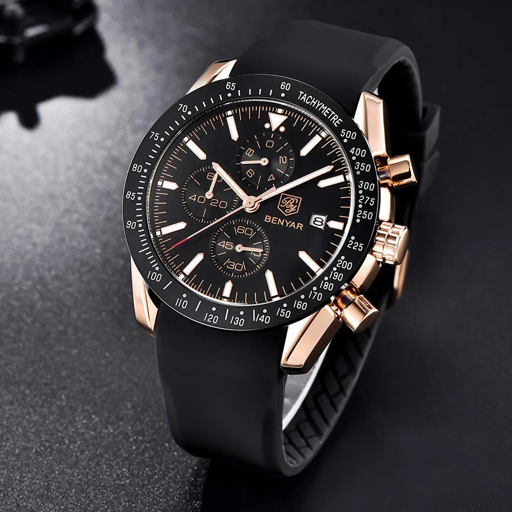 BENYAR - Stylish Wrist Watch for Men, Genuine Silicone Strap Watches, Perfect Quartz Movement, Waterproof and Scratch Resistant, Analog Chronograph Quartz Business Watches Black
