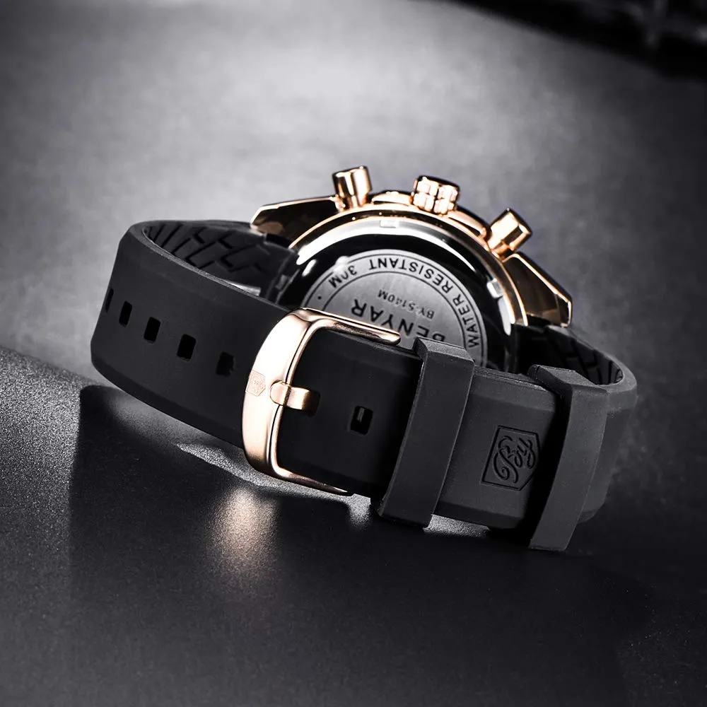 BENYAR - Stylish Wrist Watch for Men, Genuine Silicone Strap Watches, Perfect Quartz Movement, Waterproof and Scratch Resistant, Analog Chronograph Quartz Business Watches Black