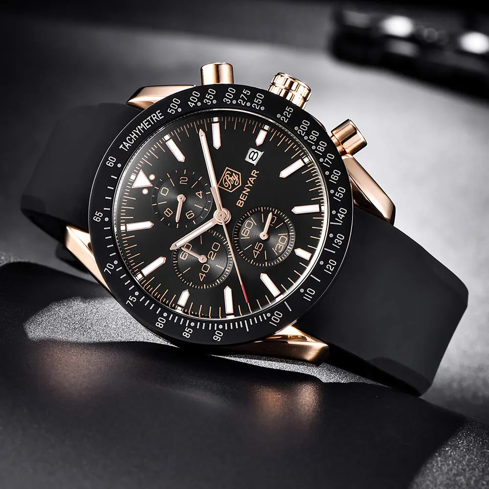 BENYAR - Stylish Wrist Watch for Men, Genuine Silicone Strap Watches, Perfect Quartz Movement, Waterproof and Scratch Resistant, Analog Chronograph Quartz Business Watches Black
