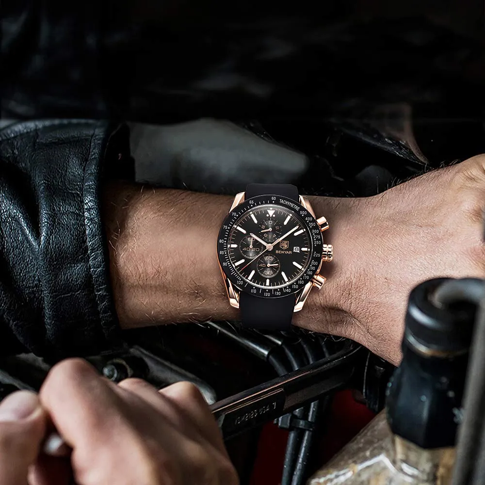 BENYAR - Stylish Wrist Watch for Men, Genuine Silicone Strap Watches, Perfect Quartz Movement, Waterproof and Scratch Resistant, Analog Chronograph Quartz Business Watches Black