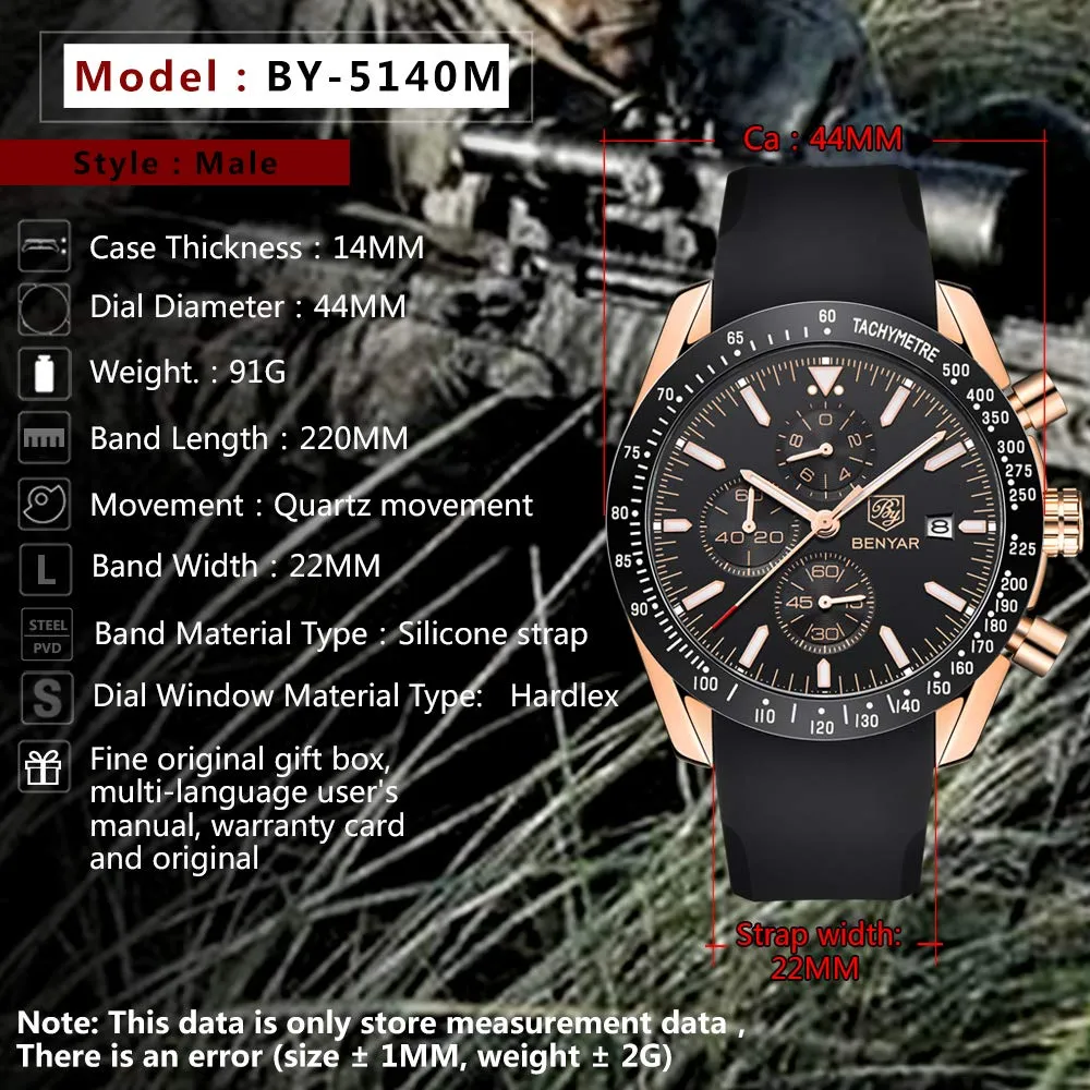BENYAR - Stylish Wrist Watch for Men, Genuine Silicone Strap Watches, Perfect Quartz Movement, Waterproof and Scratch Resistant, Analog Chronograph Quartz Business Watches Black