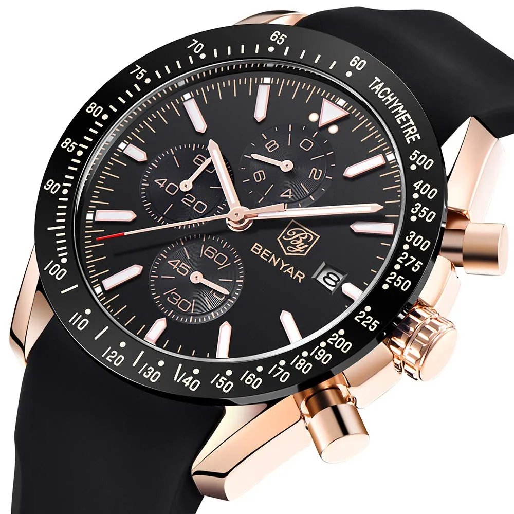 BENYAR - Stylish Wrist Watch for Men, Genuine Silicone Strap Watches, Perfect Quartz Movement, Waterproof and Scratch Resistant, Analog Chronograph Quartz Business Watches Black