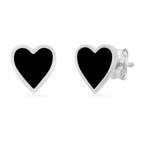 BLACK HEART ENAMEL STUDS, SILVER