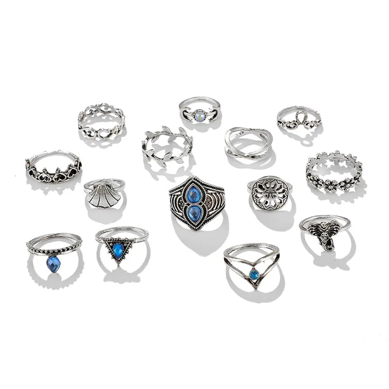 Boho Antique Silver Color Sun Moon Elephant Heart Rings