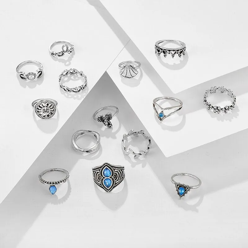 Boho Antique Silver Color Sun Moon Elephant Heart Rings