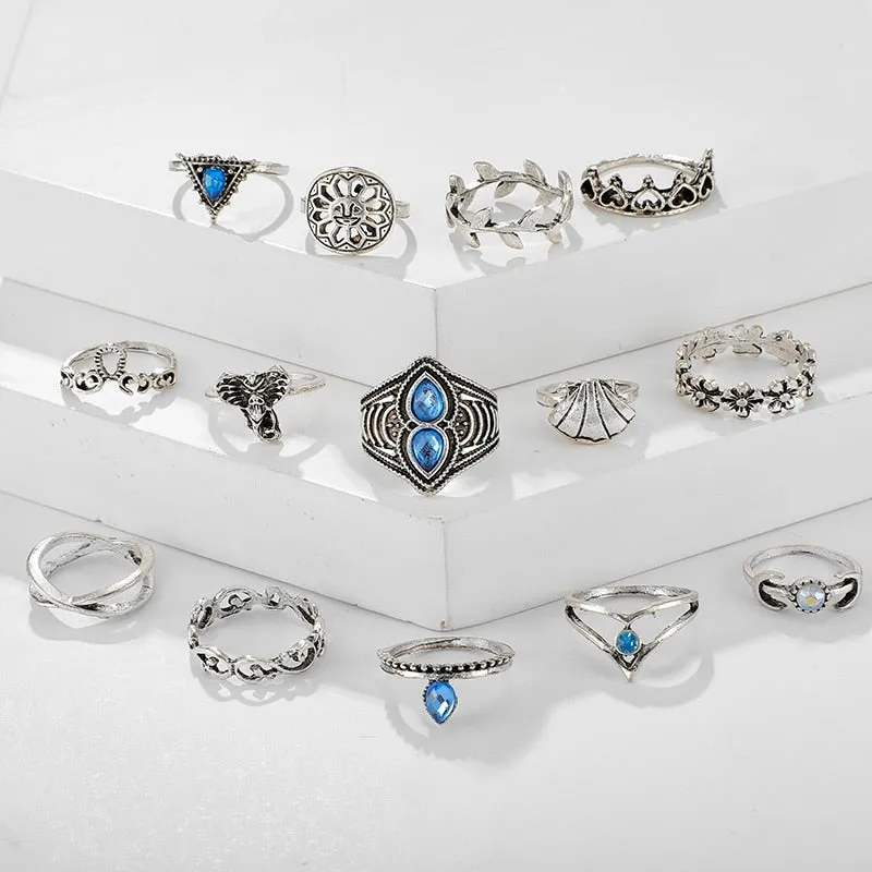Boho Antique Silver Color Sun Moon Elephant Heart Rings
