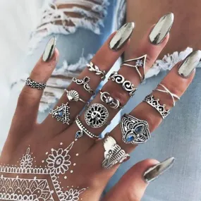 Boho Antique Silver Color Sun Moon Elephant Heart Rings