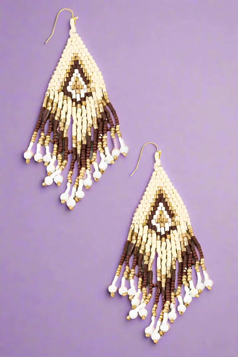 Boho Beaded Fringe Earrings Brown