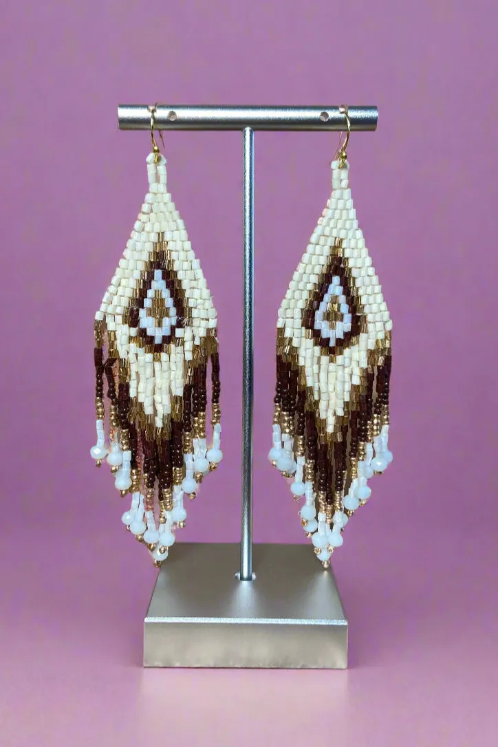 Boho Beaded Fringe Earrings Brown