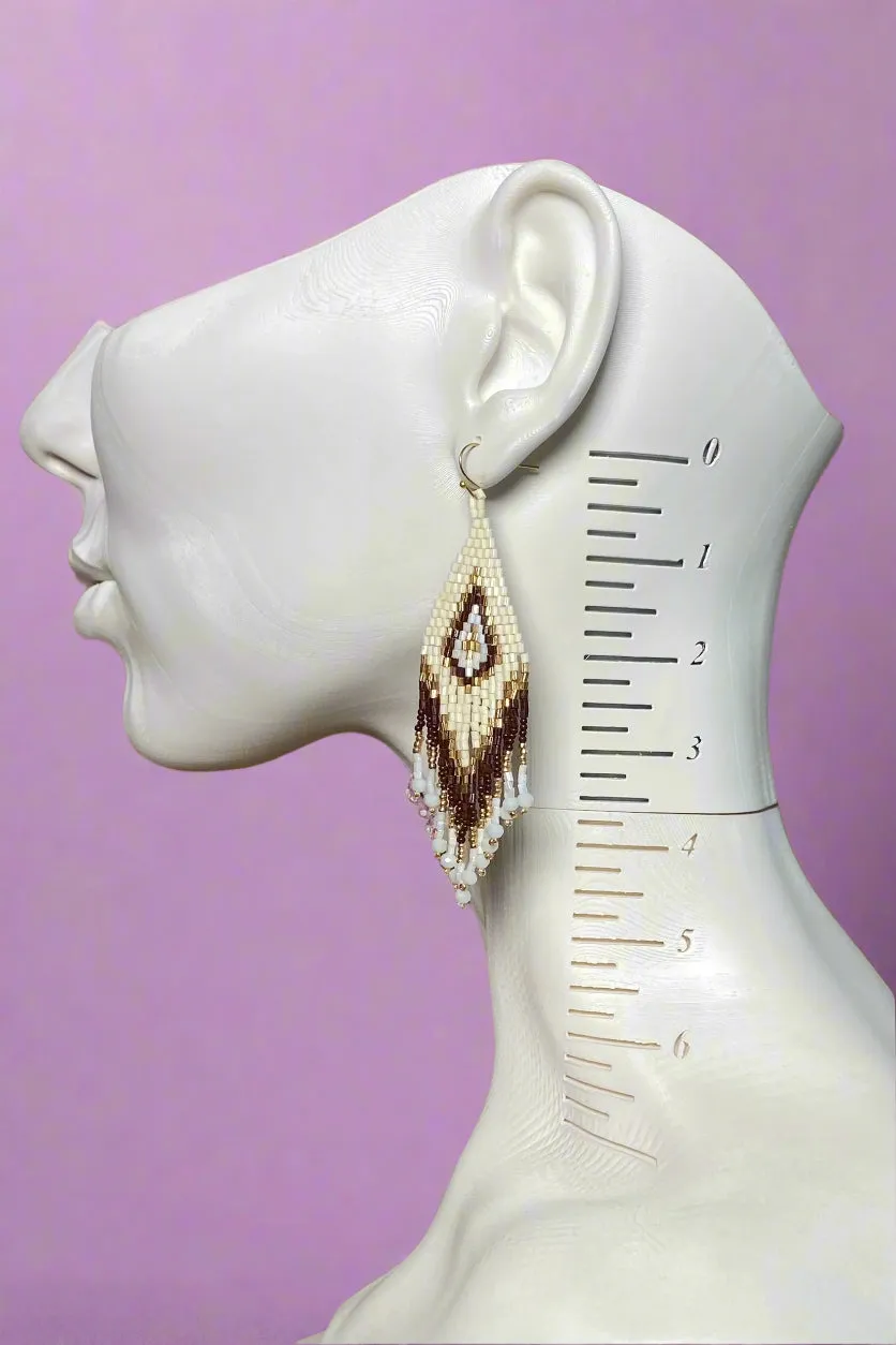 Boho Beaded Fringe Earrings Brown
