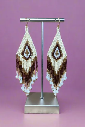 Boho Beaded Fringe Earrings Brown