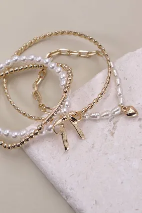 Bow Pearl Rhinestone Bar Stretch Bangle SET