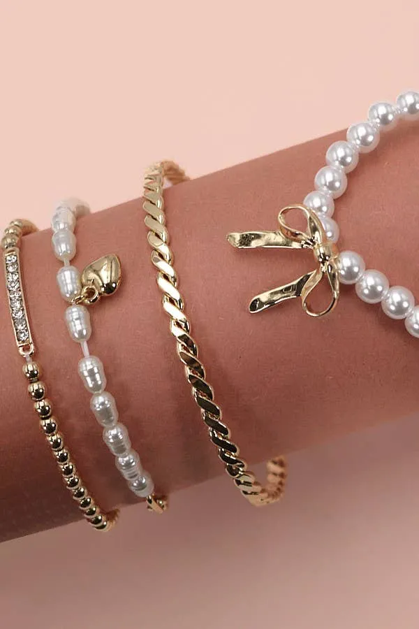 Bow Pearl Rhinestone Bar Stretch Bangle SET