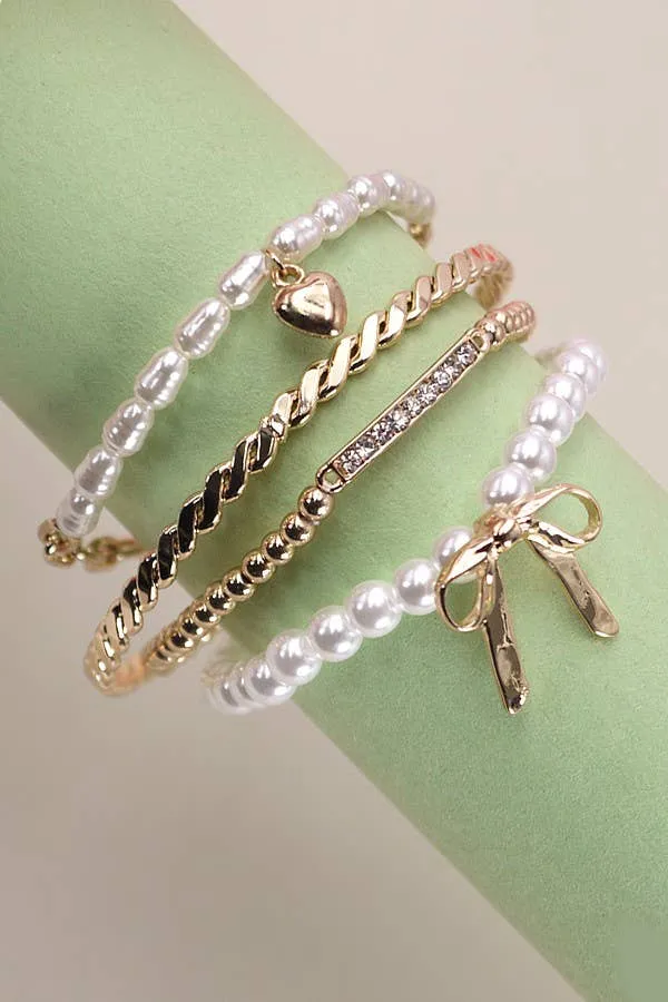 Bow Pearl Rhinestone Bar Stretch Bangle SET