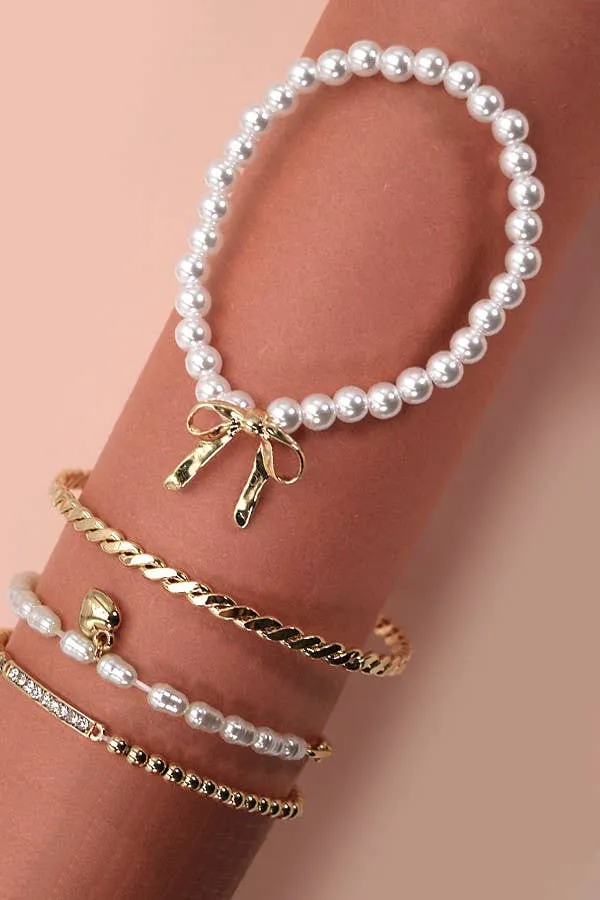 Bow Pearl Rhinestone Bar Stretch Bangle SET