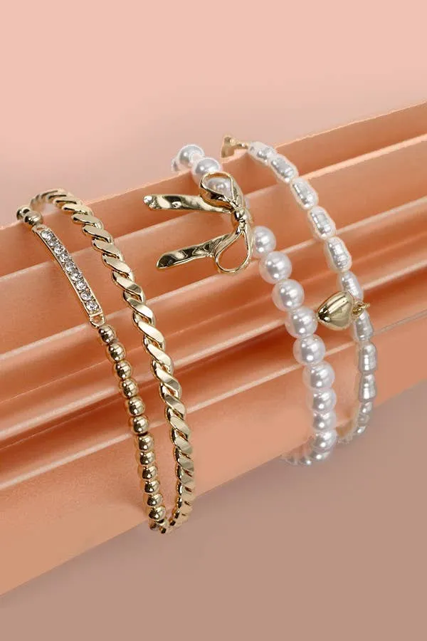 Bow Pearl Rhinestone Bar Stretch Bangle SET
