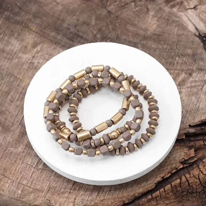 Brown Taupe Gold Tone Stack Wood Bracelet