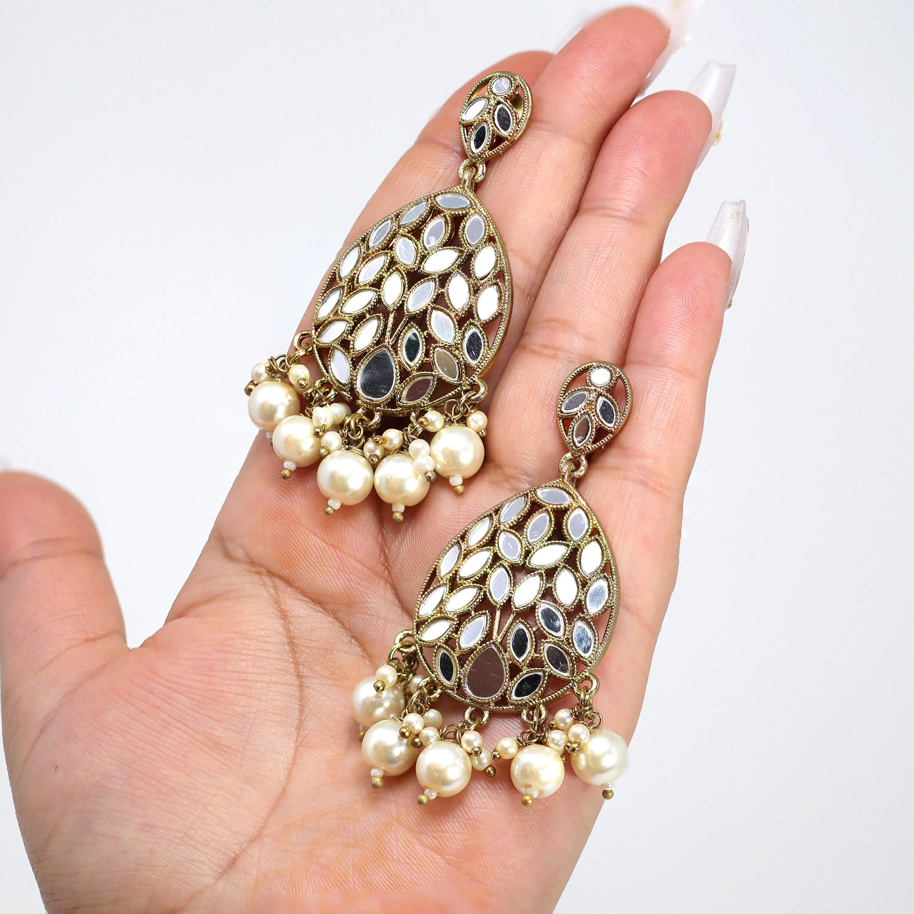 Chandelier Mirror Statement Earrings And Headpiece Set, Mirror Earrings, Indian Long Bridal Jewelry, Pearl Bridal Earrings