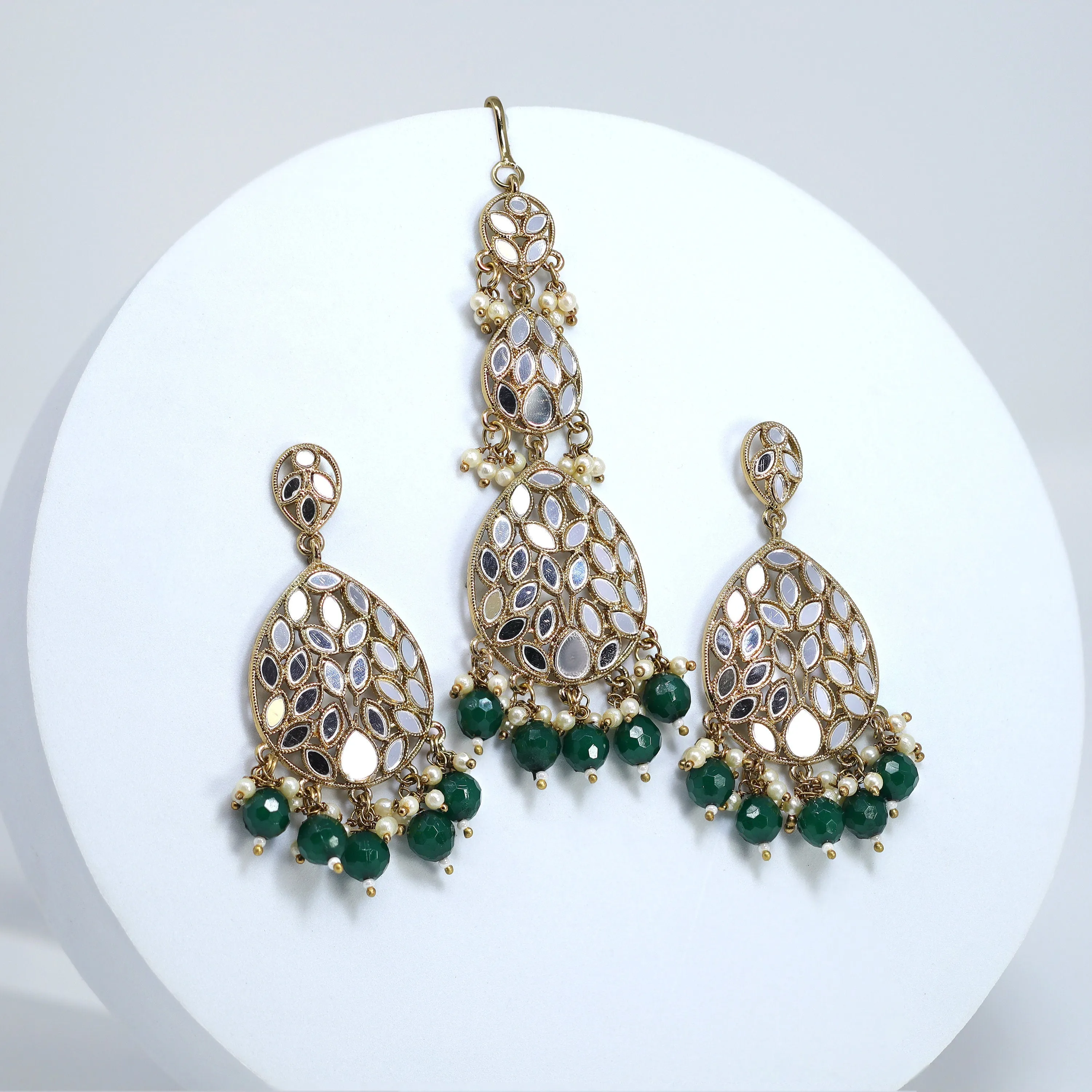 Chandelier Mirror Statement Earrings And Headpiece Set, Mirror Earrings, Indian Long Bridal Jewelry, Pearl Bridal Earrings