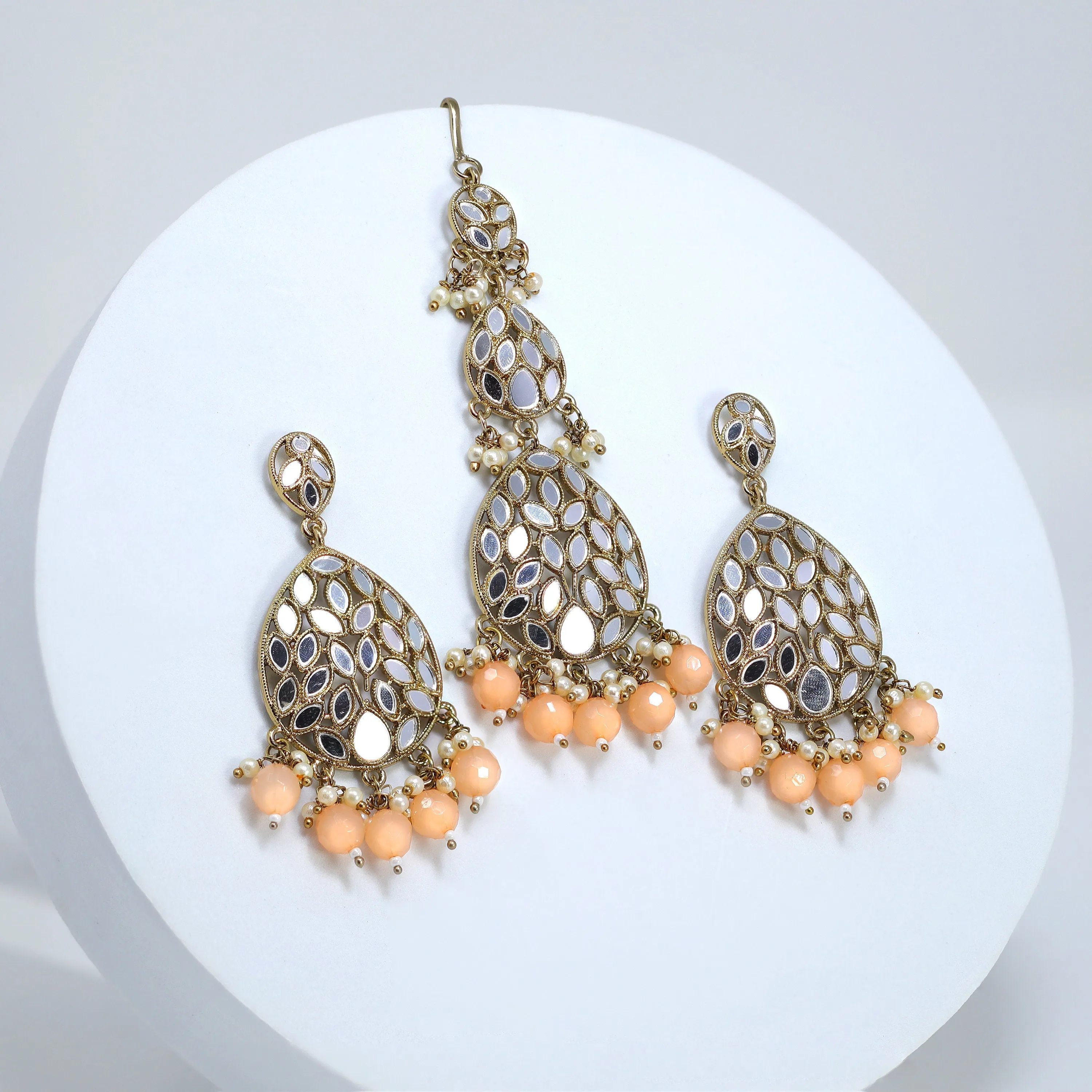 Chandelier Mirror Statement Earrings And Headpiece Set, Mirror Earrings, Indian Long Bridal Jewelry, Pearl Bridal Earrings