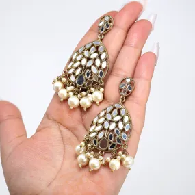 Chandelier Mirror Statement Earrings And Headpiece Set, Mirror Earrings, Indian Long Bridal Jewelry, Pearl Bridal Earrings